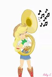 Size: 1439x2110 | Tagged: safe, artist:haleyc4629, derpibooru import, applejack, equestria girls, rainbow rocks, blowing, cowgirl, eyes closed, jamming out, music notes, musical instrument, playing instrument, puffy cheeks, simple background, solo, sousaphone, tuba, tubajack, white background