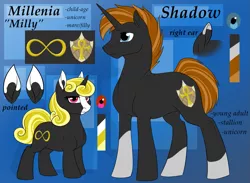 Size: 1145x840 | Tagged: safe, artist:mythpony, derpibooru import, oc, oc:millenia, oc:shadow, unofficial characters only, pony, unicorn, female, filly, male, mare, reference sheet, stallion