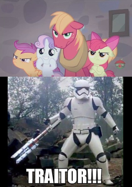 Size: 479x678 | Tagged: safe, derpibooru import, edit, edited screencap, screencap, apple bloom, big macintosh, scootaloo, sweetie belle, earth pony, pony, hard to say anything, cute, cutie mark crusaders, exploitable meme, fn-2199, male, meme, spoilers for another series, stallion, star wars, star wars: the force awakens, stormtrooper, tr-8r, traitor