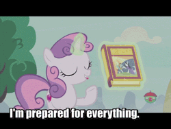 Size: 480x360 | Tagged: suggestive, derpibooru import, edit, edited screencap, screencap, scootaloo, sweetie belle, pegasus, pony, unicorn, hard to say anything, animated, book, caption, cucumber, cutie mark, female, filly, food, gif, gif with captions, glowing horn, implied insertion, implied masturbation, levitation, magic, out of context, telekinesis, the cmc's cutie marks