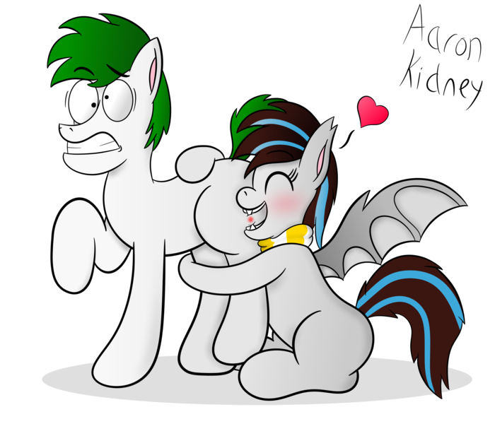 Size: 3500x3000 | Tagged: safe, artist:aarondrawsarts, derpibooru import, oc, oc:bing, oc:breezy, unofficial characters only, bat pony, earth pony, pony, bingzy, biting, blushing, butt bite, butthug, couple, eyes closed, gritted teeth, heart, hug, kuledud3, literal butthurt, ouch, pain, plot, raised hoof, shipping, shrunken pupils, simple background, sitting, spread wings, transparent background, wings