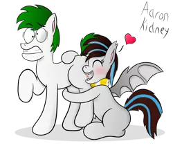 Size: 3500x3000 | Tagged: safe, artist:aarondrawsarts, derpibooru import, oc, oc:bing, oc:breezy, unofficial characters only, bat pony, earth pony, pony, bingzy, biting, blushing, butt bite, butthug, couple, eyes closed, gritted teeth, heart, hug, kuledud3, literal butthurt, ouch, pain, plot, raised hoof, shipping, shrunken pupils, simple background, sitting, spread wings, transparent background, wings