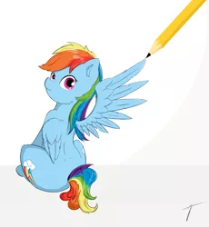 Size: 1726x1878 | Tagged: safe, artist:taxar, derpibooru import, part of a set, rainbow dash, pony, cute, drawn into existence, ear fluff, looking back, pencil, simple background, sitting, solo