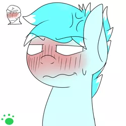 Size: 1500x1500 | Tagged: safe, artist:vorian caverns, derpibooru import, oc, oc:frosty, unofficial characters only, pony, angry, blushing, emotion meme, male, multicolored hair, signature, simple background, solo, stallion, white background, white eyes