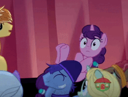 Size: 358x274 | Tagged: safe, derpibooru import, screencap, dear darling, feather bangs, glamor trot, smooth vibes, stereo mix, sugar belle, pony, hard to say anything, animated, backup dancers, faceplant, gif, graceful, majestic as fuck