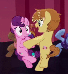 Size: 256x280 | Tagged: safe, derpibooru import, screencap, feather bangs, sugar belle, earth pony, pony, unicorn, hard to say anything, animated, bipedal, cute, dancing, female, frown, gif, holding hooves, male, mare, open mouth, raised leg, smiling, spinning, stallion, sugarbangs, twirl, wide eyes