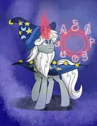 Size: 1280x1646 | Tagged: safe, artist:espeonna, derpibooru import, star swirl the bearded, pony, unicorn, abstract background, beard, bell, cloak, clothes, facial hair, glowing horn, hat, horn, magic, magic aura, male, solo, stallion