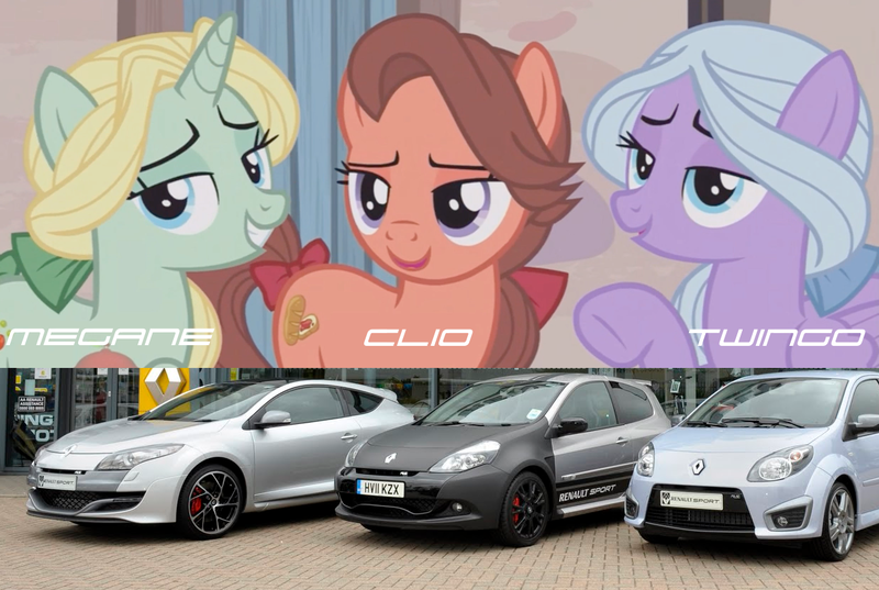 Size: 1236x829 | Tagged: safe, derpibooru import, edit, edited screencap, screencap, dear darling, fond feather, swoon song, pony, hard to say anything, bimbettes, car, renault, renault clio, renault megane, renault twingo, trio