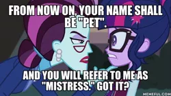 Size: 600x337 | Tagged: safe, derpibooru import, edit, edited screencap, screencap, principal abacus cinch, sci-twi, twilight sparkle, equestria girls, friendship games, dirty cinch macros, image macro, meme