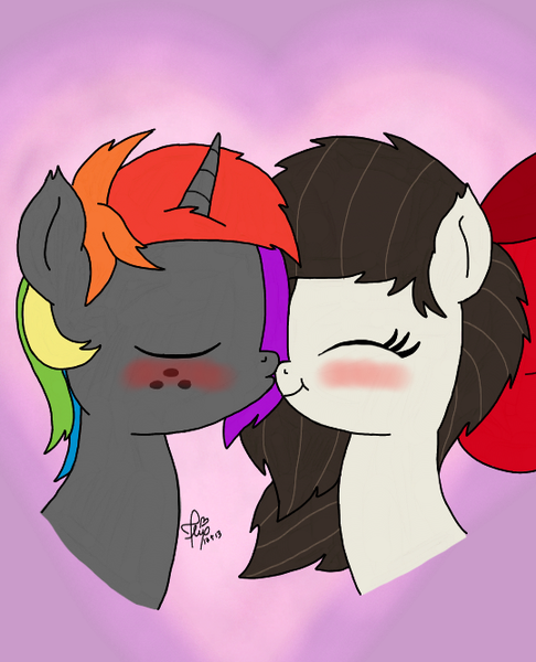 Size: 540x667 | Tagged: safe, artist:kimjoman, derpibooru import, oc, oc:aggie, oc:krylone, unofficial characters only, pony, accessories, blushing, bow, cute, eyes closed, hair bow, heart, kissing, kryggie, nose kiss, rainbow hair, smiling