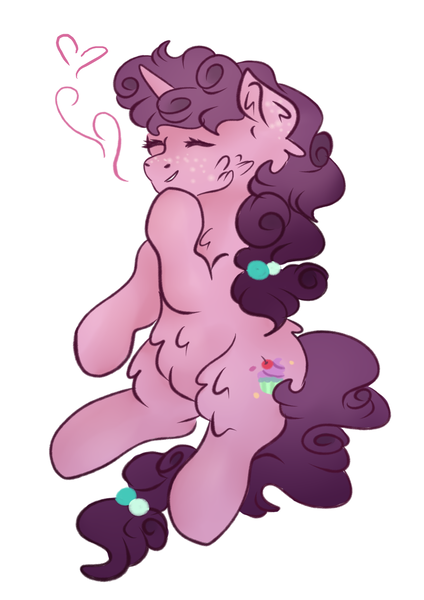 Size: 1024x1448 | Tagged: safe, artist:bewarethemusicman, derpibooru import, sugar belle, pony, unicorn, eyes closed, female, fluffy, freckles, mare, simple background, solo, white background