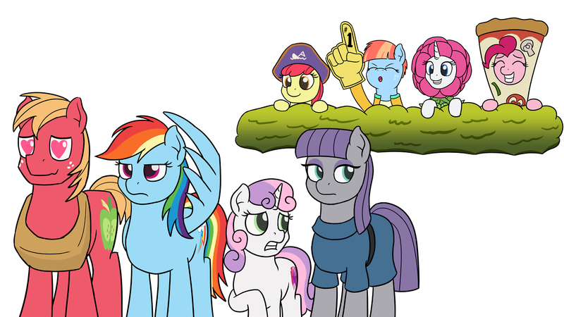 Size: 1280x720 | Tagged: safe, artist:mkogwheel, derpibooru import, apple bloom, big macintosh, maud pie, pinkie pie, rainbow dash, rarity, sweetie belle, windy whistles, earth pony, pony, forever filly, hard to say anything, parental glideance, rock solid friendship, flower costume, flowerity, foam finger, male, pizza head, shame, simple background, spyrate, stallion, white background