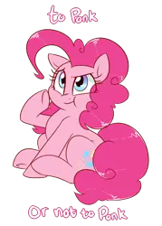 Size: 1000x1400 | Tagged: safe, artist:notenoughapples, derpibooru import, pinkie pie, pony, cute, diapinkes, eye clipping through hair, ponk, redraw, scrunchy face, shakespeare, simple background, sitting, solo, thinking, to be or not to be, transparent background, underhoof