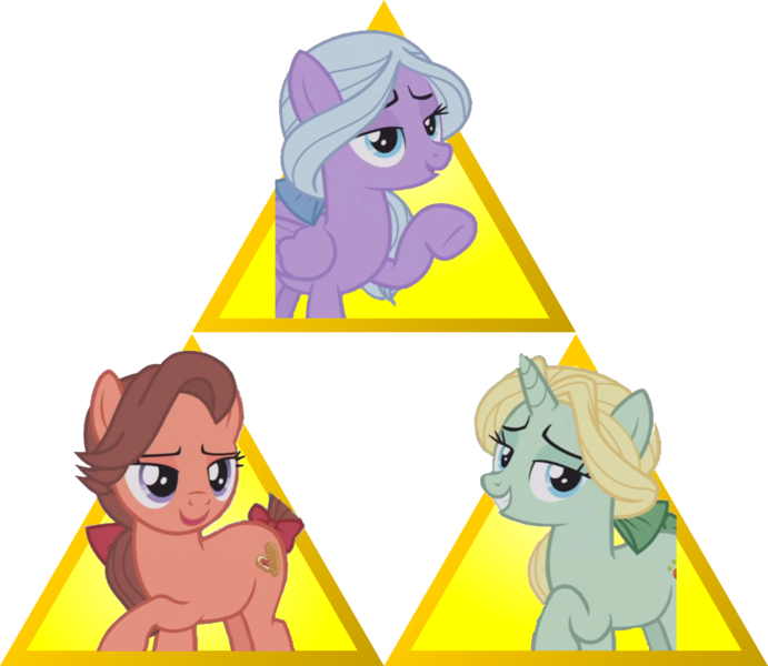 Size: 1200x1042 | Tagged: safe, derpibooru import, editor:dtavs.exe, dear darling, fond feather, swoon song, pony, hard to say anything, bimbettes, din, farore, nayru, the legend of zelda, triforce