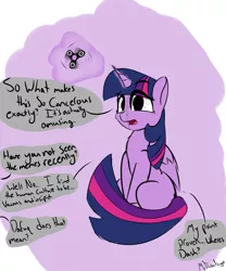 Size: 2500x3000 | Tagged: safe, artist:a8f12, derpibooru import, twilight sparkle, twilight sparkle (alicorn), alicorn, pony, confused, cute, dialogue, female, fidget spinner, fluffy, frown, interaction, levitation, magic, mare, mouthpiece, offscreen character, open mouth, simple background, sitting, telekinesis, vulgar