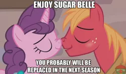 Size: 981x573 | Tagged: safe, derpibooru import, edit, edited screencap, screencap, big macintosh, sugar belle, earth pony, pony, hard to say anything, boop, female, hilarious in hindsight, male, mare, noseboop, shipping, stallion, straight, sugarmac