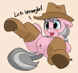 Size: 1280x1209 | Tagged: suggestive, artist:pabbley, derpibooru import, wrangler, pony, fluttershy leans in, belly button, blushing, clothes, dialogue, dock, featureless crotch, female, hat, mare, on back, pubic fluff, socks, solo, solo female, spread legs, spreading, thigh highs