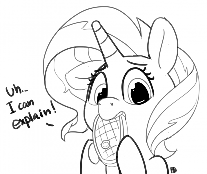 Size: 1280x1076 | Tagged: safe, artist:pabbley, derpibooru import, sunset shimmer, pony, 30 minute art challenge, caught, dialogue, food, lineart, meat, monochrome, ponies eating meat, simple background, solo, steak, white background