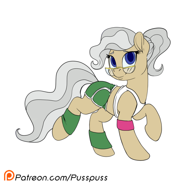 Size: 1000x1000 | Tagged: safe, artist:pusspuss, derpibooru import, mayor mare, pony, alternate hairstyle, clothes, patreon, patreon logo, ponytail, raised hoof, simple background, solo, sports shorts, sweatband, tanktop, transparent background