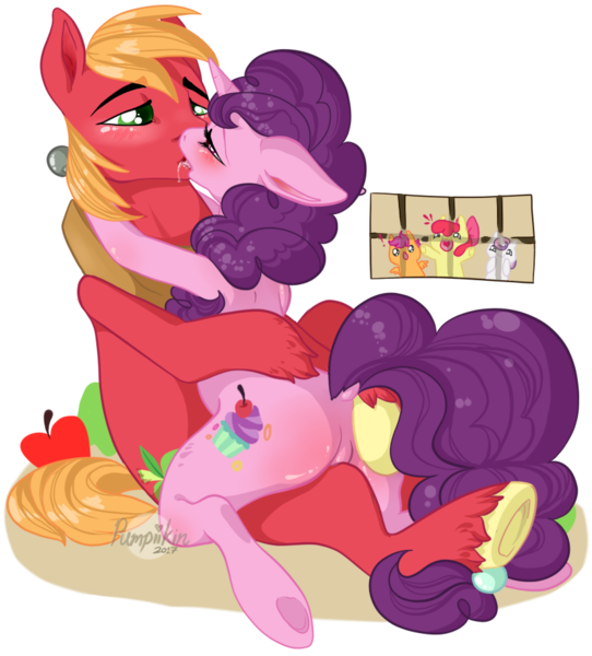 Size: 829x918 | Tagged: questionable, artist:pumpiikin, derpibooru import, apple bloom, big macintosh, scootaloo, sugar belle, sweetie belle, earth pony, pegasus, pony, unicorn, hard to say anything, adorabloom, apple, bedroom eyes, blushing, cupcake, cute, cutealoo, cutie mark crusaders, diasweetes, dock, drool, embrace, featureless crotch, female, filly, food, french kiss, grope, kissing, leg love, male, mare, shipping, sloppy kissing, stallion, straight, sugarmac, unshorn fetlocks, voyeur, voyeurism