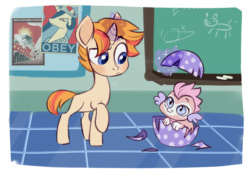 Size: 831x586 | Tagged: safe, artist:kapusha-blr, derpibooru import, oc, unofficial characters only, dragon, pony, unicorn, baby dragon, chalkboard, egg, eggshell, hatching