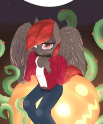 Size: 2000x2400 | Tagged: anthro, artist:chapaevv, clothes, derpibooru import, fangs, female, halloween, holiday, jack-o-lantern, jeans, looking at you, moon, night, oc, oc:spiral night, pants, pumpkin, red hair, safe, solo, stars, tentacles, unofficial characters only