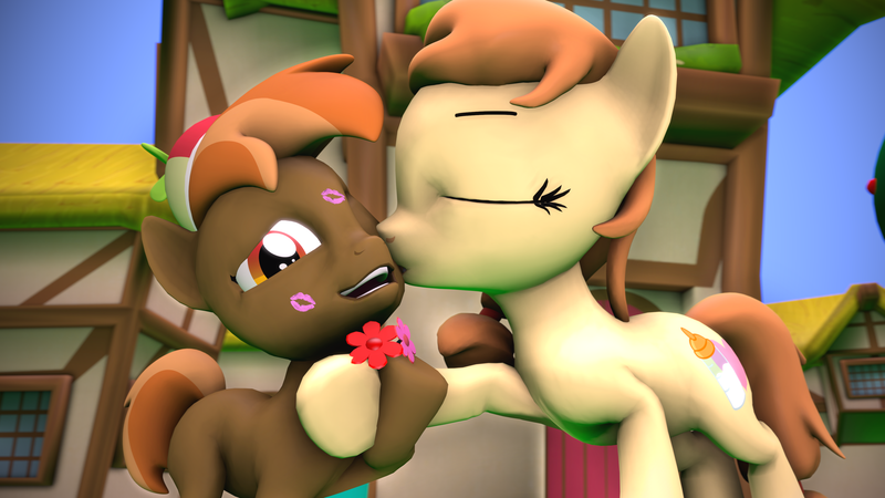 Size: 3840x2160 | Tagged: safe, artist:viranimation, derpibooru import, button mash, oc, oc:cream heart, pony, 3d, buttonbetes, cute, kiss mark, kisses, kissing, lipstick, mother and son, motherly, motherly love, source filmmaker