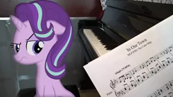 Size: 1920x1080 | Tagged: safe, artist:bokunzhao, artist:tardifice, derpibooru import, starlight glimmer, pony, the cutie map, in our town, irl, old shame, photo, piano, ponies in real life, raised eyebrow, sheet music, solo, unamused, vector