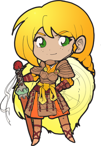 Size: 530x769 | Tagged: applejack, armor, artist:amypeterson, chibi, derpibooru import, human, humanized, legend of the five rings, safe, simple background, solo, sword, transparent background, watermark, weapon