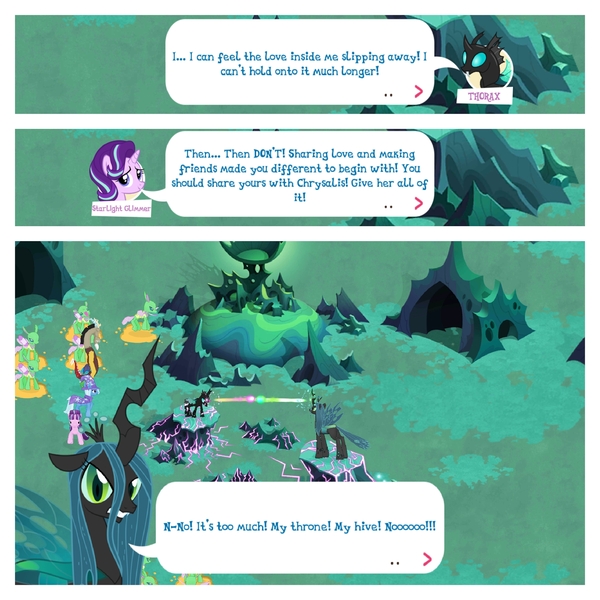 Size: 2048x2048 | Tagged: safe, derpibooru import, discord, queen chrysalis, starlight glimmer, thorax, trixie, changedling, changeling, pony, unicorn, to where and back again, changeling hive, changeling kingdom, collage, comic, female, game screencap, gameloft, male, mare, reformed four, screencap comic, speech bubble