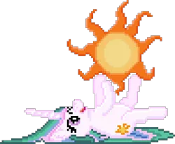 Size: 470x385 | Tagged: safe, artist:8-bitbrony, derpibooru import, princess celestia, alicorn, pony, cute, cutelestia, female, happy, legs in air, mare, missing accessory, ms paint, on back, one eye closed, open mouth, pixel art, playing, sillestia, silly, simple background, smiling, solo, sun, tangible heavenly object, transparent background, wink