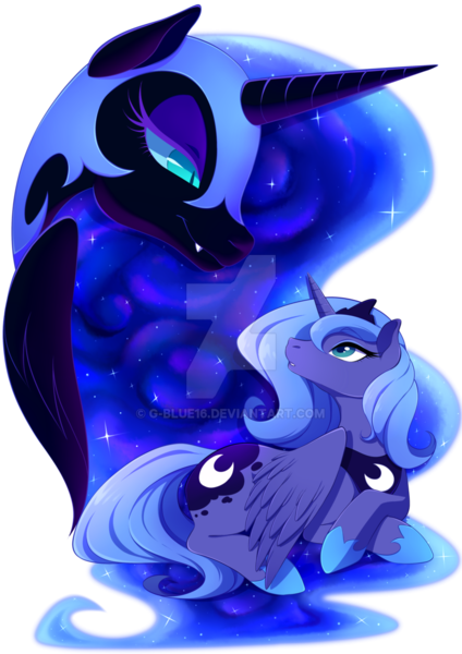 Size: 800x1131 | Tagged: safe, artist:g-blue16, derpibooru import, nightmare moon, princess luna, alicorn, pony, design, duality, looking up, prone, s1 luna, shirt design, simple background, transparent background, watermark