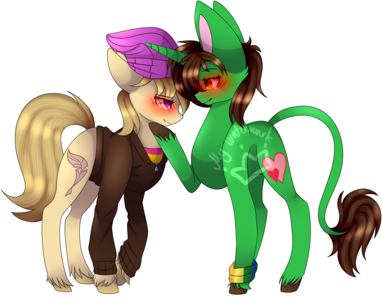 Size: 2167x1698 | Tagged: safe, artist:alithecat1989, derpibooru import, oc, oc:hazel nut, oc:poetic elegance, unofficial characters only, classical unicorn, pony, unicorn, blushing, clothes, cloven hooves, female, leonine tail, mare, simple background, transparent background, unshorn fetlocks