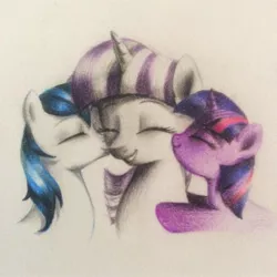 Size: 1936x1936 | Tagged: safe, artist:colorfulcolor233, derpibooru import, shining armor, twilight sparkle, twilight velvet, pony, unicorn, eyes closed, kiss on the cheek, kissing, mother and daughter, mother and son, mother's day, platonic kiss, simple background, traditional art