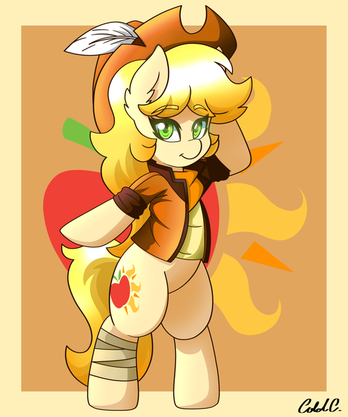 Size: 2000x2400 | Tagged: safe, artist:ciderpunk, derpibooru import, oc, oc:applesunrise, unofficial characters only, earth pony, pony, bandage, clothes, colored pupils, cowboy hat, cutie mark, feather, hat, solo, standing