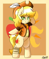 Size: 2000x2400 | Tagged: safe, artist:ciderpunk, derpibooru import, oc, oc:applesunrise, unofficial characters only, earth pony, pony, bandage, clothes, colored pupils, cowboy hat, cutie mark, feather, hat, solo, standing