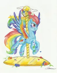 Size: 1344x1718 | Tagged: safe, artist:urahana, derpibooru import, rainbow dash, pony, carousel, rainbow power, solo, traditional art