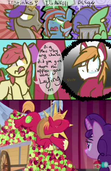 Size: 3300x5100 | Tagged: safe, artist:ashleybances, derpibooru import, screencap, apple bloom, big macintosh, sugar belle, oc, earth pony, pony, hard to say anything, absurd resolution, apple, cart, food, high res, male, stallion