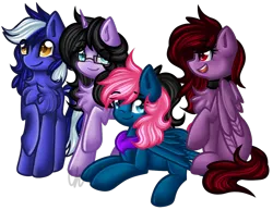 Size: 1228x949 | Tagged: safe, artist:sketchyhowl, derpibooru import, oc, oc:little lynx, unofficial characters only, earth pony, pegasus, pony, unicorn, chest fluff, female, mare, prone, simple background, transparent background