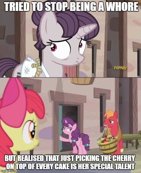 Size: 500x611 | Tagged: questionable, derpibooru import, edit, edited screencap, screencap, apple bloom, big macintosh, sugar belle, earth pony, pony, hard to say anything, the cutie map, discovery family logo, equalized, male, shaming, stallion, vulgar