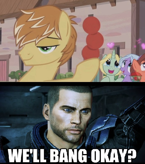 Size: 496x560 | Tagged: safe, derpibooru import, screencap, dear darling, feather bangs, fond feather, swoon song, pony, hard to say anything, bimbettes, commander shepard, exploitable meme, image macro, mass effect, meme, we'll bang ok