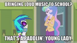 Size: 600x337 | Tagged: safe, derpibooru import, edit, edited screencap, screencap, princess celestia, vinyl scratch, equestria girls, music to my ears, image macro, meme, paddling, principal celestia, the simpsons