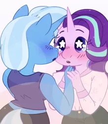 Size: 1050x1200 | Tagged: safe, artist:bubbelyn, derpibooru import, starlight glimmer, trixie, anthro, .psd available, blushing, female, lesbian, shipping, starry eyes, startrix, wingding eyes