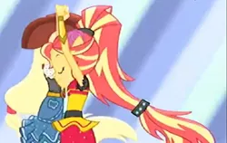 Size: 1455x921 | Tagged: safe, derpibooru import, screencap, applejack, sunset shimmer, dance magic, equestria girls, spoiler:eqg specials, alternate hairstyle, clothes, dancing, duo, eyes closed, female, hat, ponied up, skirt