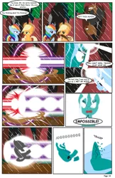 Size: 792x1224 | Tagged: safe, artist:dekomaru, derpibooru import, applejack, rainbow dash, trixie, oc, oc:hazel lulamoon, oc:lock-down, pony, comic:the greatest gift, comic, cracked horn, magic, mouth hold, stick