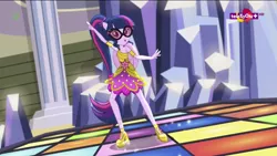 Size: 1600x900 | Tagged: safe, derpibooru import, screencap, sci-twi, twilight sparkle, dance magic, equestria girls, spoiler:eqg specials, dance magic (song), dancing, looking at you, ponied up, scitwilicorn, solo, teletoon