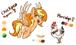 Size: 1052x626 | Tagged: safe, artist:spacechickennerd, derpibooru import, oc, oc:chickpea, oc:porridge, unofficial characters only, chicken, pegasus, pony, female, mare, pet, pet oc, reference sheet, simple background, transparent background