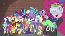 Size: 1600x900 | Tagged: safe, derpibooru import, screencap, applejack, fluttershy, lemon zest, pinkie pie, rainbow dash, rarity, sci-twi, sour sweet, sugarcoat, sunny flare, sunset shimmer, twilight sparkle, dance magic, equestria girls, spoiler:eqg specials, alternate hairstyle, boots, clothes, converse, dress, eyes closed, female, glasses, graffiti, high heel boots, humane five, humane seven, humane six, lidded eyes, ponied up, rapper dash, rapper pie, scitwilicorn, shoes, shutter shades, skirt, socks, street ballet, street ballet tutu, teletoon