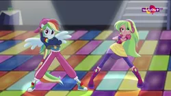 Size: 1600x900 | Tagged: safe, derpibooru import, screencap, lemon zest, rainbow dash, dance magic, equestria girls, spoiler:eqg specials, backwards ballcap, baseball cap, boots, cap, clothes, converse, ear piercing, earring, female, hat, headphones, high heel boots, piercing, ponied up, pose, rapper dash, shoes, skirt, sneakers, teletoon