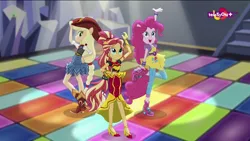 Size: 1600x900 | Tagged: safe, derpibooru import, screencap, applejack, pinkie pie, sunset shimmer, dance magic, equestria girls, spoiler:eqg specials, ponied up, pose, teletoon